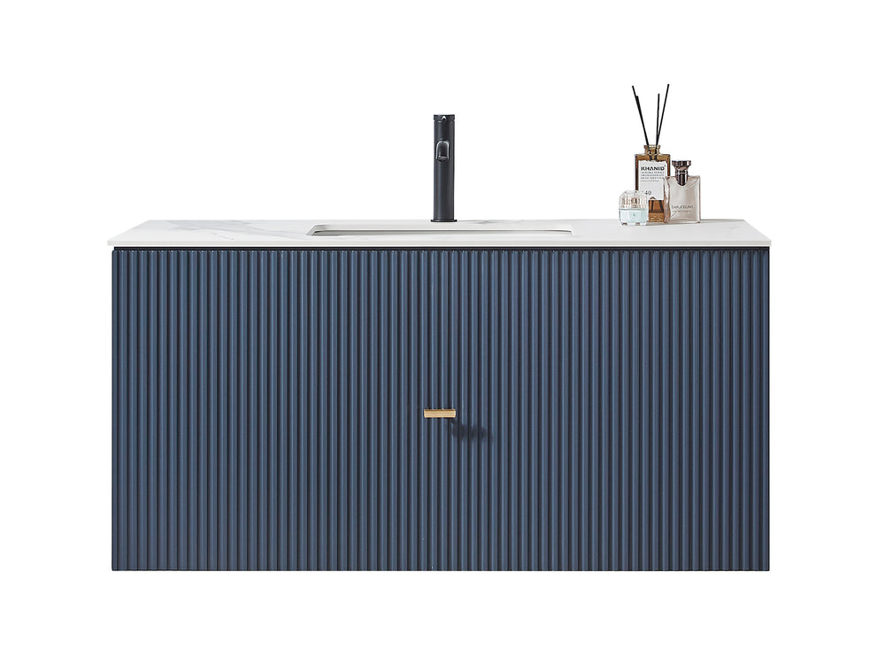BARCELONA 42” DARK BLUE WALL MOUNT MODERN BATHROOM VANITY (WHITE COUNTERTOP)