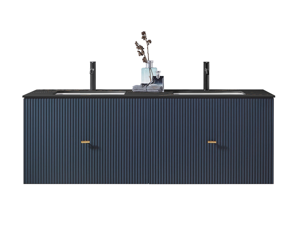 BARCELONA 60” DARK BLUE WALL MOUNT MODERN BATHROOM VANITY (BLACK COUNTERTOP)
