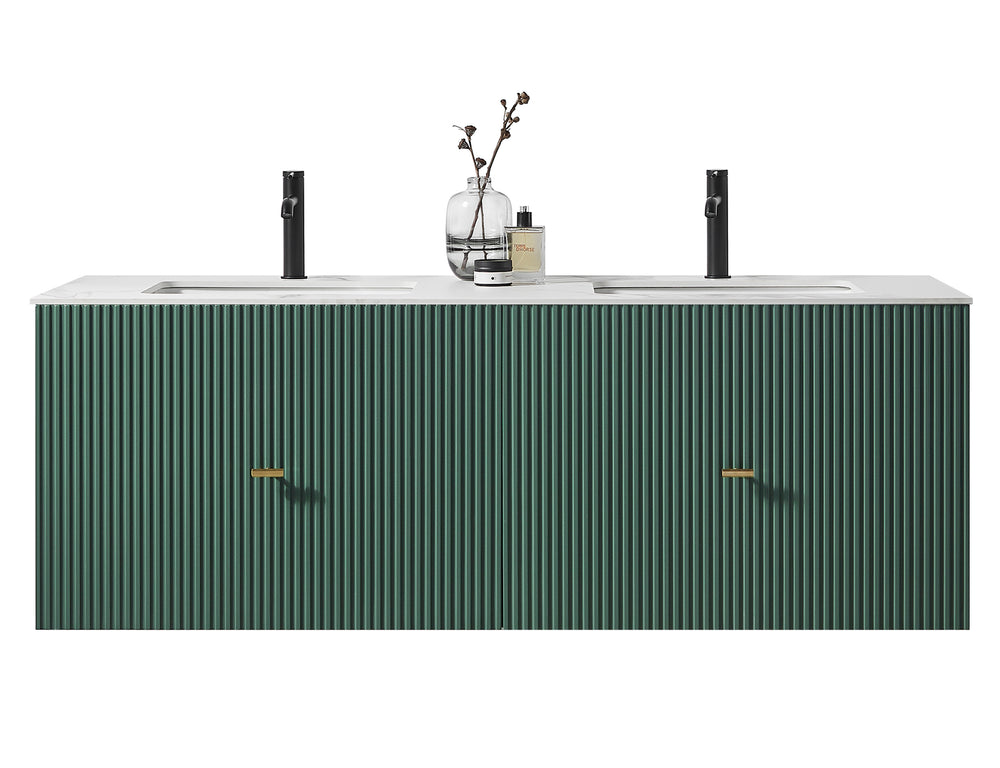 BARCELONA 60” FOREST GREEN WALL MOUNT MODERN BATHROOM VANITY (WHITE COUNTERTOP)