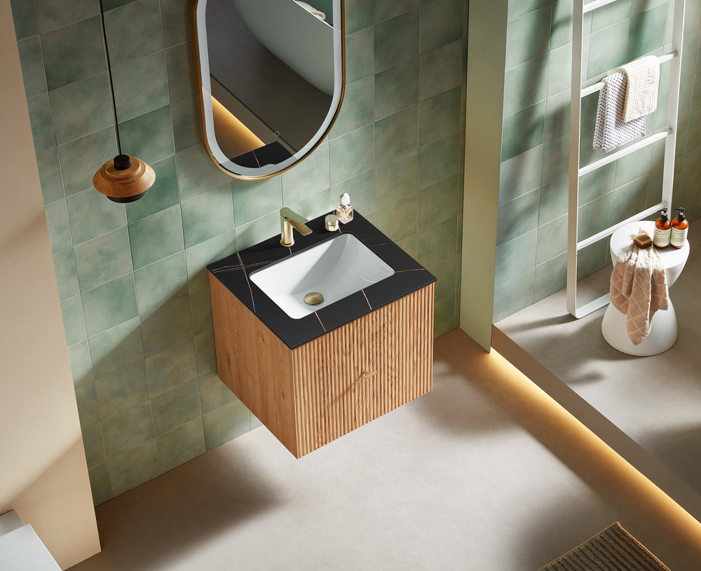 BARCELONA 24” NATURAL OAK WALL MOUNT MODERN BATHROOM VANITY (BLACK COUNTERTOP)