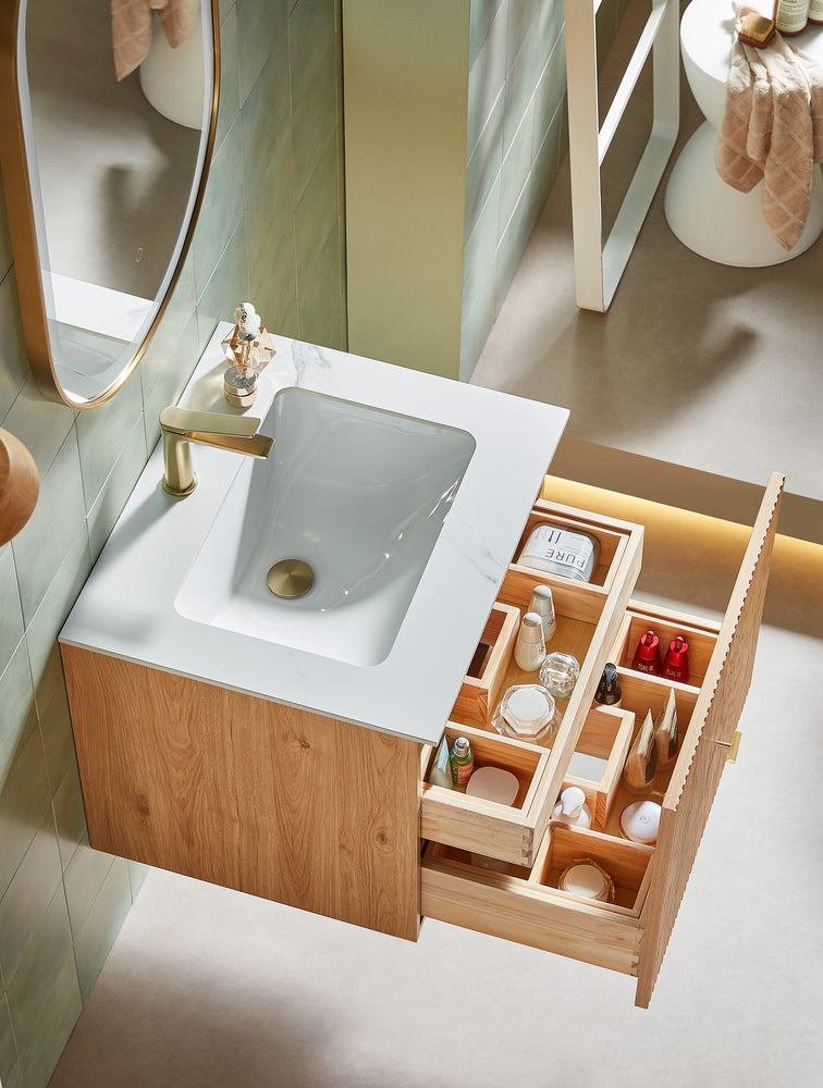 BARCELONA 24” NATURAL OAK WALL MOUNT MODERN BATHROOM VANITY (WHITE COUNTERTOP)