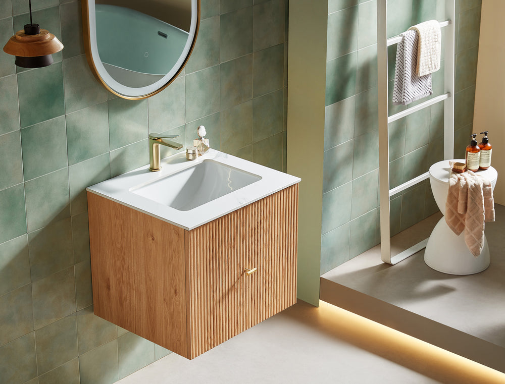 BARCELONA 24” NATURAL OAK WALL MOUNT MODERN BATHROOM VANITY (WHITE COUNTERTOP)