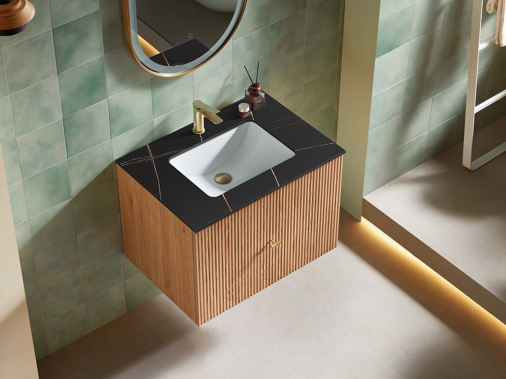 BARCELONA 30” NATURAL OAK WALL MOUNT MODERN BATHROOM VANITY (BLACK COUNTERTOP)