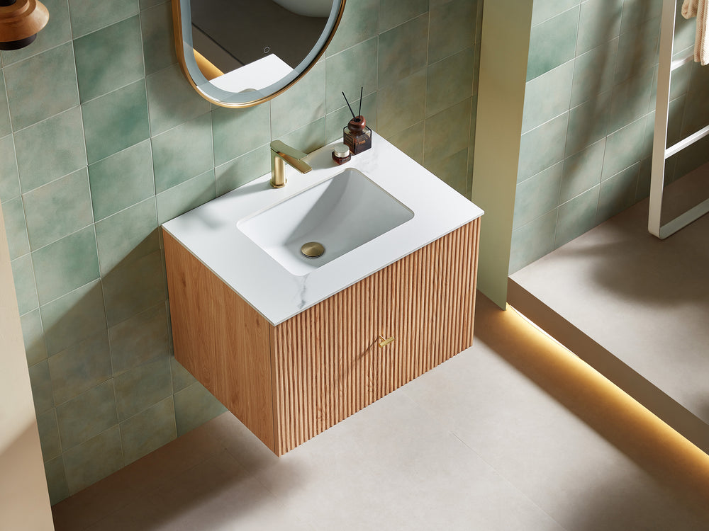 BARCELONA 30” NATURAL OAK WALL MOUNT MODERN BATHROOM VANITY (WHITE COUNTERTOP)