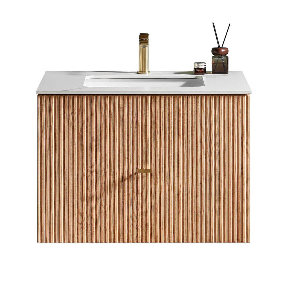 BARCELONA 30” NATURAL OAK WALL MOUNT MODERN BATHROOM VANITY (WHITE COUNTERTOP)