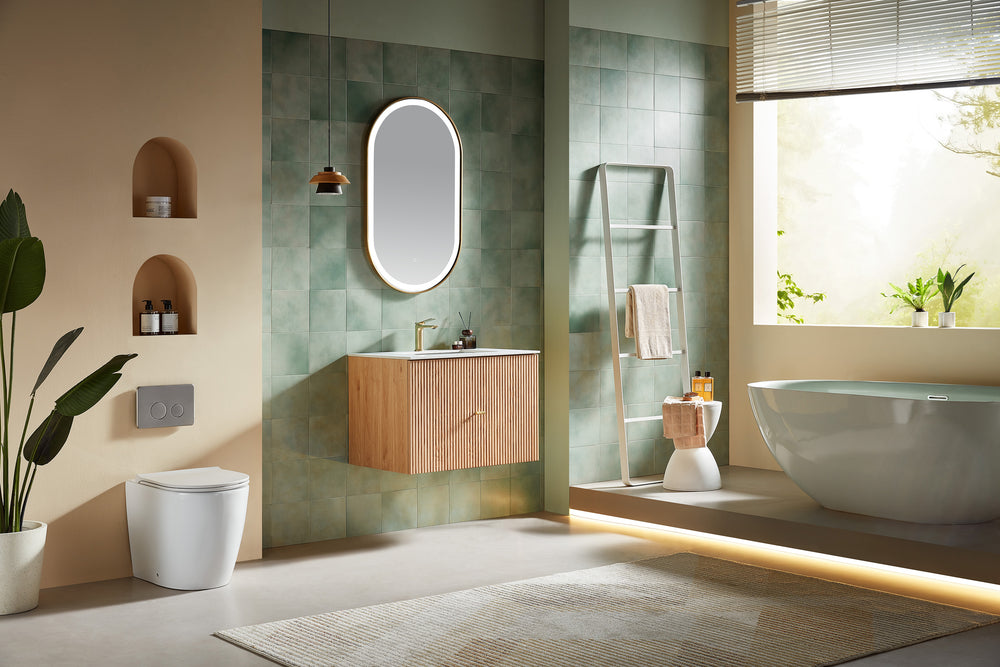 BARCELONA 30” NATURAL OAK WALL MOUNT MODERN BATHROOM VANITY (WHITE COUNTERTOP)