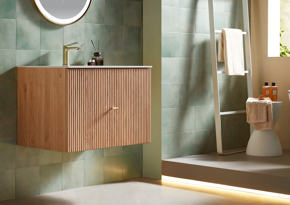 BARCELONA 30” NATURAL OAK WALL MOUNT MODERN BATHROOM VANITY (WHITE COUNTERTOP)