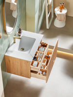BARCELONA 30” NATURAL OAK WALL MOUNT MODERN BATHROOM VANITY (WHITE COUNTERTOP)