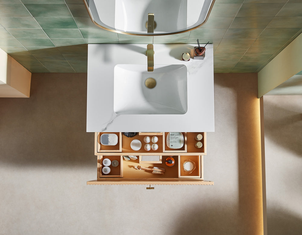 BARCELONA 30” NATURAL OAK WALL MOUNT MODERN BATHROOM VANITY (WHITE COUNTERTOP)