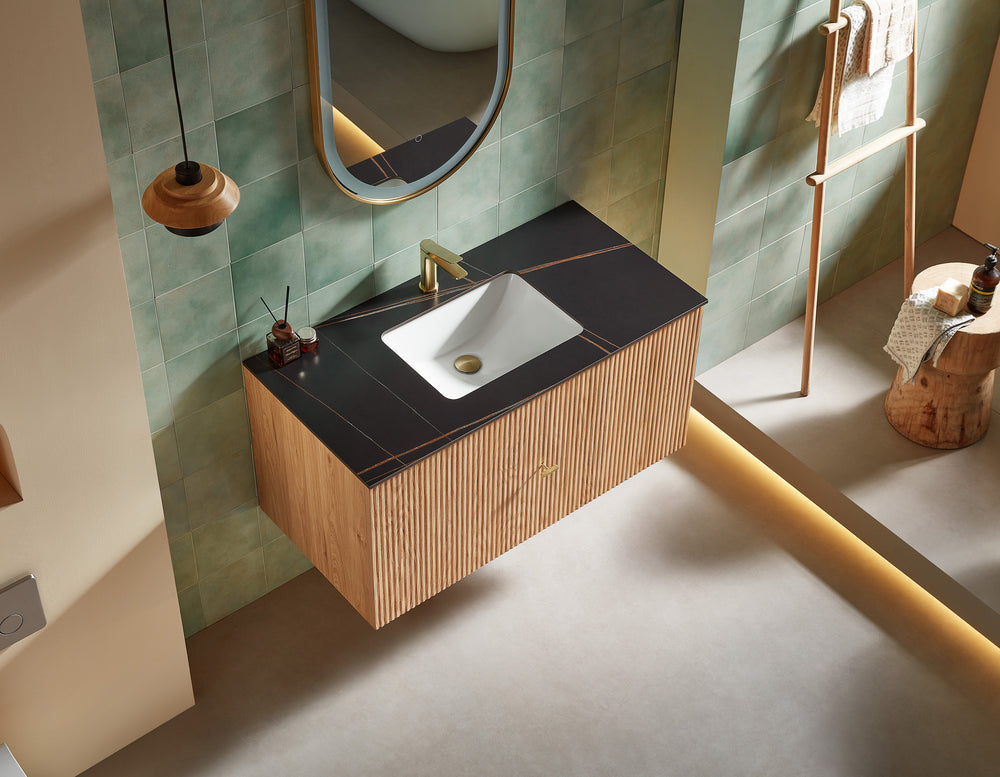 BARCELONA 42” NATURAL OAK WALL MOUNT MODERN BATHROOM VANITY (BLACK COUNTERTOP)