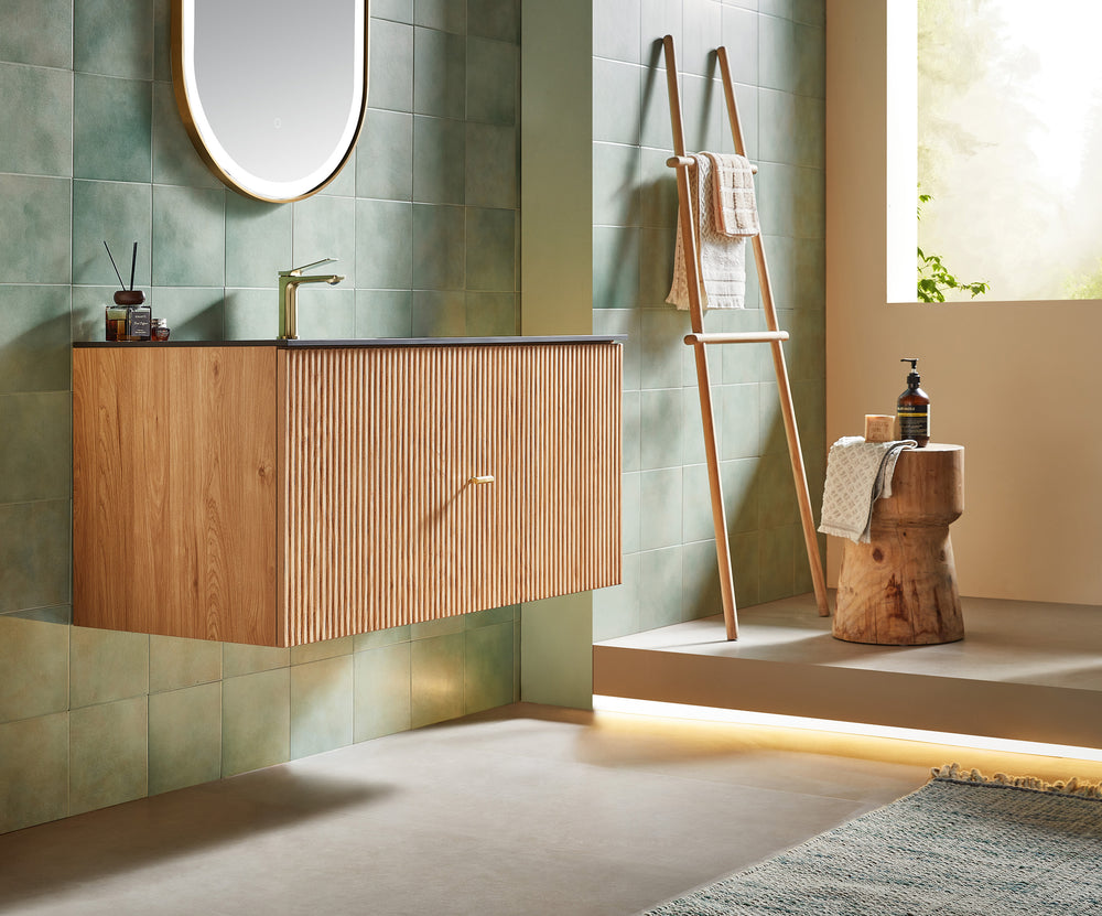BARCELONA 42” NATURAL OAK WALL MOUNT MODERN BATHROOM VANITY (BLACK COUNTERTOP)