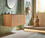 BARCELONA 42” NATURAL OAK WALL MOUNT MODERN BATHROOM VANITY (BLACK COUNTERTOP)