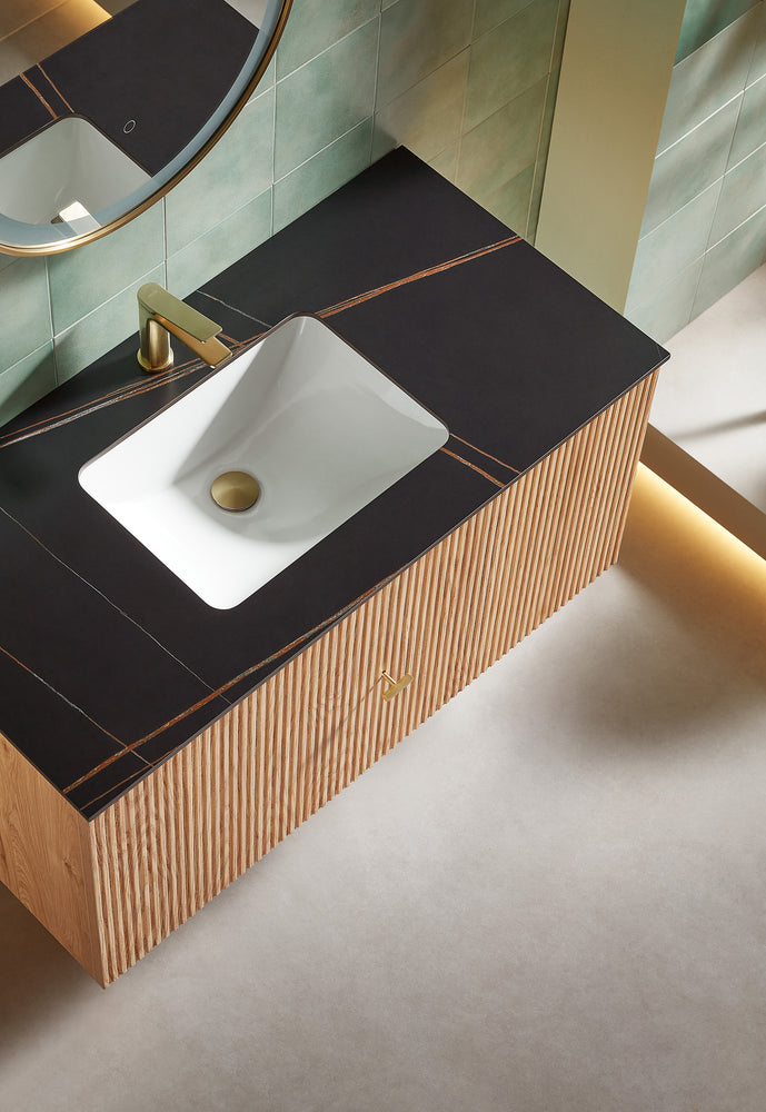 BARCELONA 42” NATURAL OAK WALL MOUNT MODERN BATHROOM VANITY (BLACK COUNTERTOP)