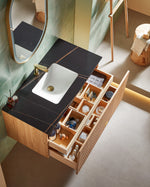 BARCELONA 42” NATURAL OAK WALL MOUNT MODERN BATHROOM VANITY (BLACK COUNTERTOP)