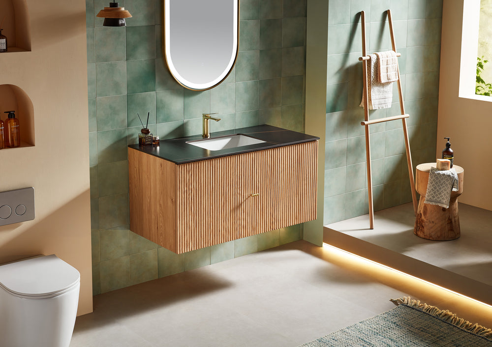 BARCELONA 42” NATURAL OAK WALL MOUNT MODERN BATHROOM VANITY (BLACK COUNTERTOP)