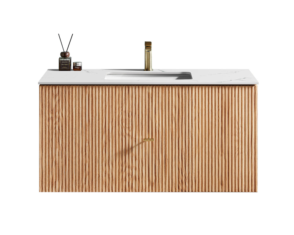BARCELONA 42” NATURAL OAK WALL MOUNT MODERN BATHROOM VANITY (WHITE COUNTERTOP)
