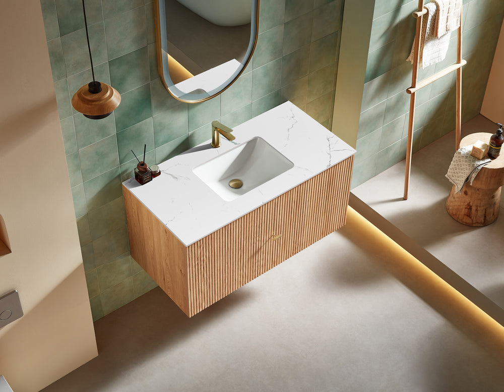 BARCELONA 42” NATURAL OAK WALL MOUNT MODERN BATHROOM VANITY (WHITE COUNTERTOP)