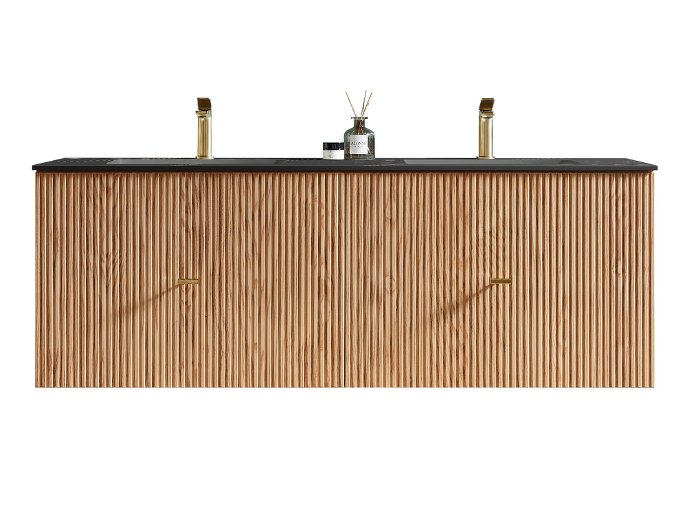 BARCELONA 60” NATURAL OAK WALL MOUNT MODERN BATHROOM VANITY (BLACK COUNTERTOP)
