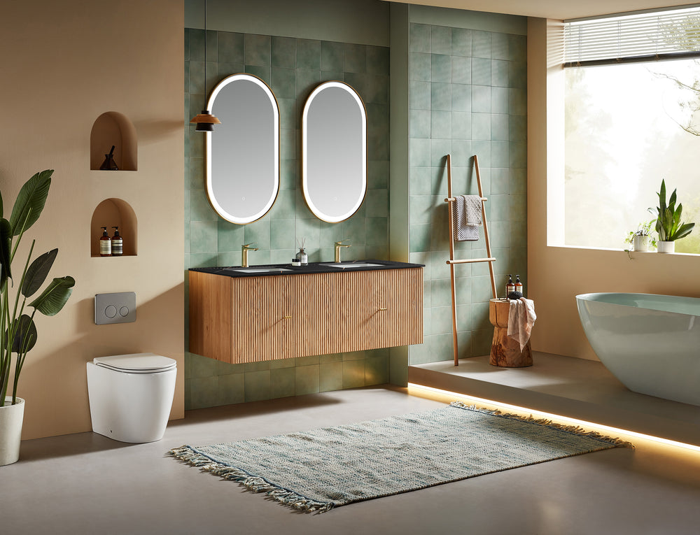 BARCELONA 60” NATURAL OAK WALL MOUNT MODERN BATHROOM VANITY (BLACK COUNTERTOP)