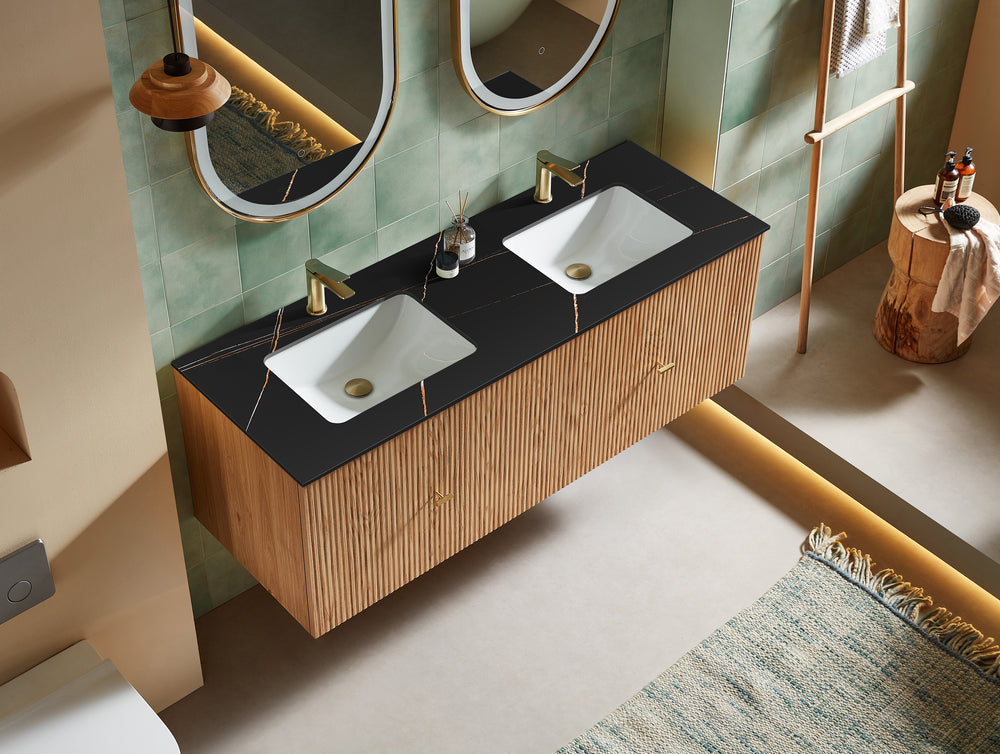 BARCELONA 60” NATURAL OAK WALL MOUNT MODERN BATHROOM VANITY (BLACK COUNTERTOP)
