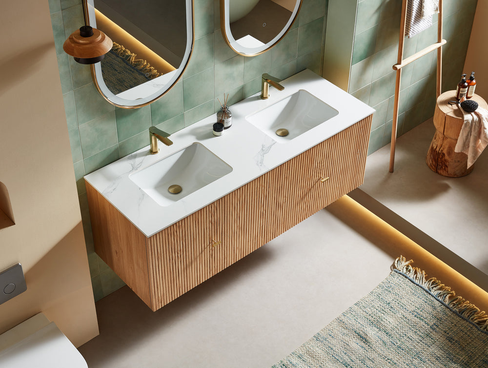 BARCELONA 60” NATURAL OAK WALL MOUNT MODERN BATHROOM VANITY (WHITE COUNTERTOP)