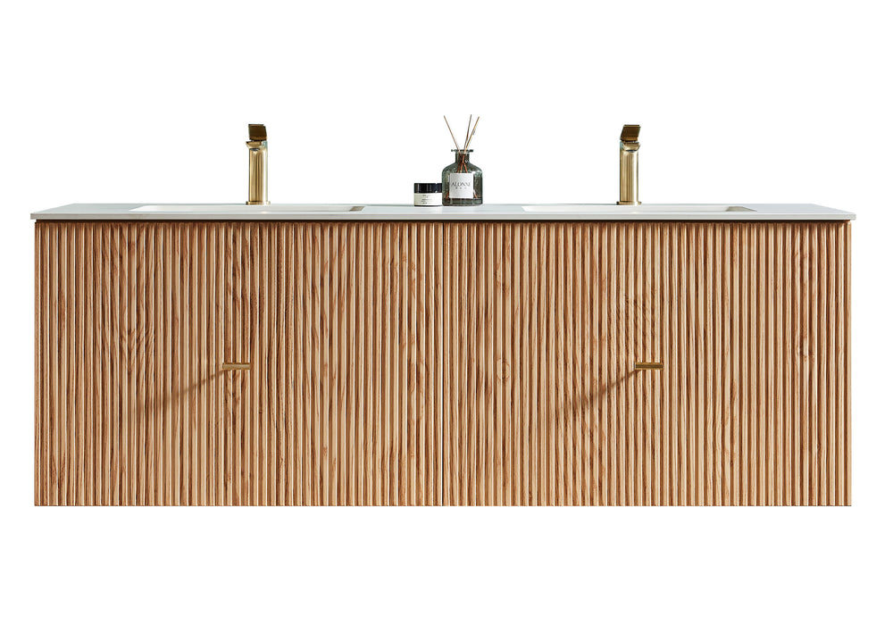 BARCELONA 60” NATURAL OAK WALL MOUNT MODERN BATHROOM VANITY (WHITE COUNTERTOP)