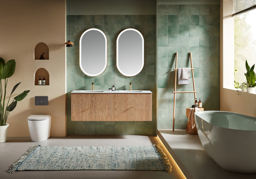 BARCELONA 60” NATURAL OAK WALL MOUNT MODERN BATHROOM VANITY (WHITE COUNTERTOP)