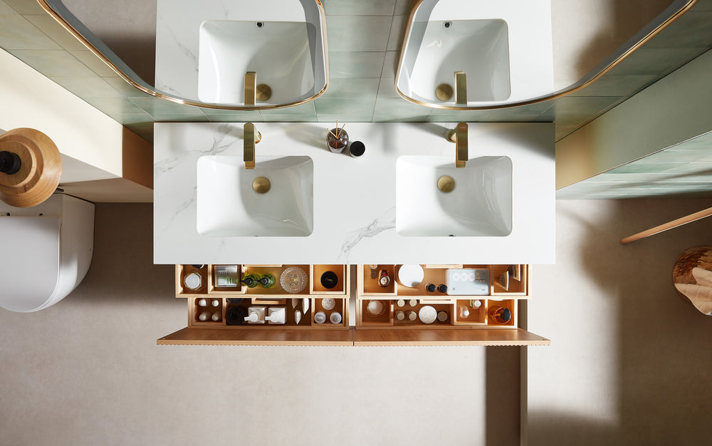 BARCELONA 60” NATURAL OAK WALL MOUNT MODERN BATHROOM VANITY (WHITE COUNTERTOP)