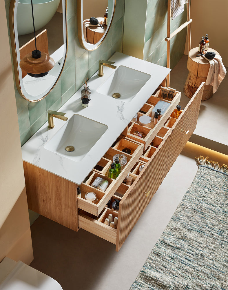 BARCELONA 60” NATURAL OAK WALL MOUNT MODERN BATHROOM VANITY (WHITE COUNTERTOP)