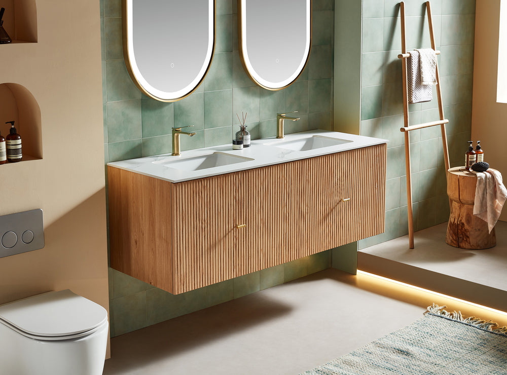 BARCELONA 60” NATURAL OAK WALL MOUNT MODERN BATHROOM VANITY (WHITE COUNTERTOP)