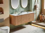 BARCELONA 60” NATURAL OAK WALL MOUNT MODERN BATHROOM VANITY (WHITE COUNTERTOP)
