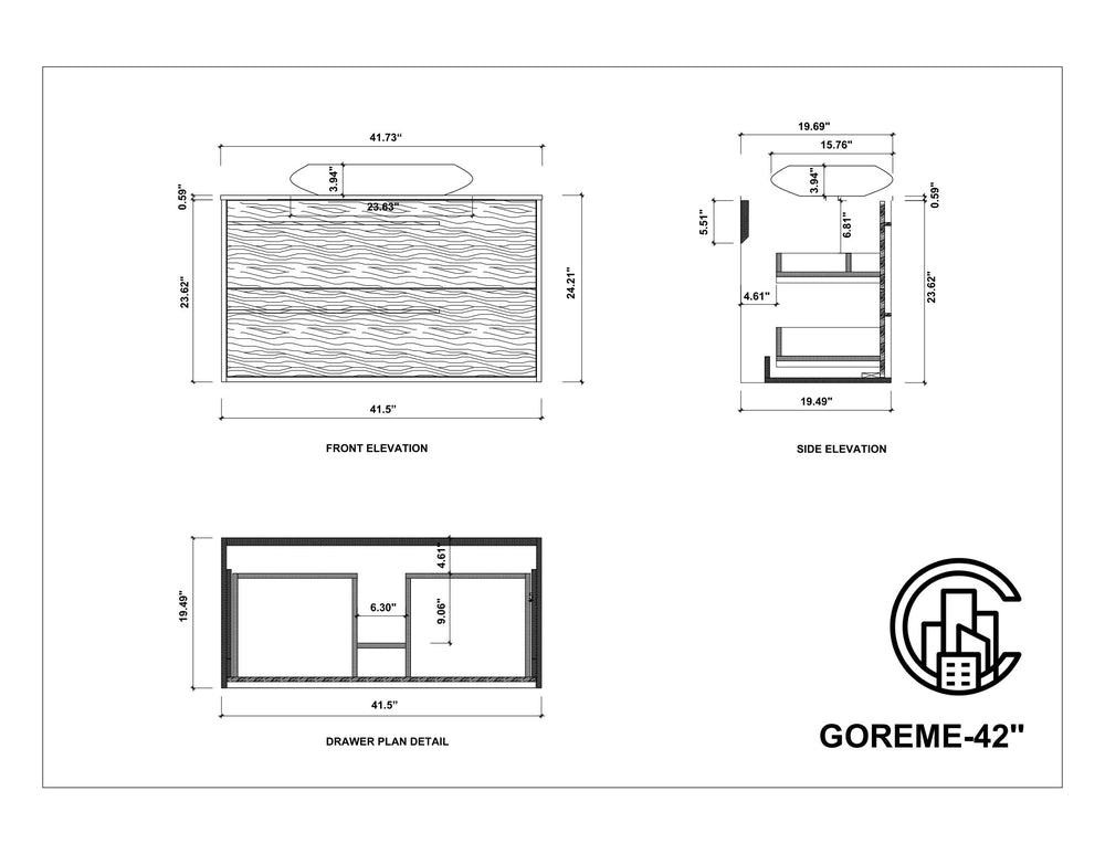 GOREME 42” SMOKE OAK GRAY WALL MOUNT MODERN BATHROOM VANITY