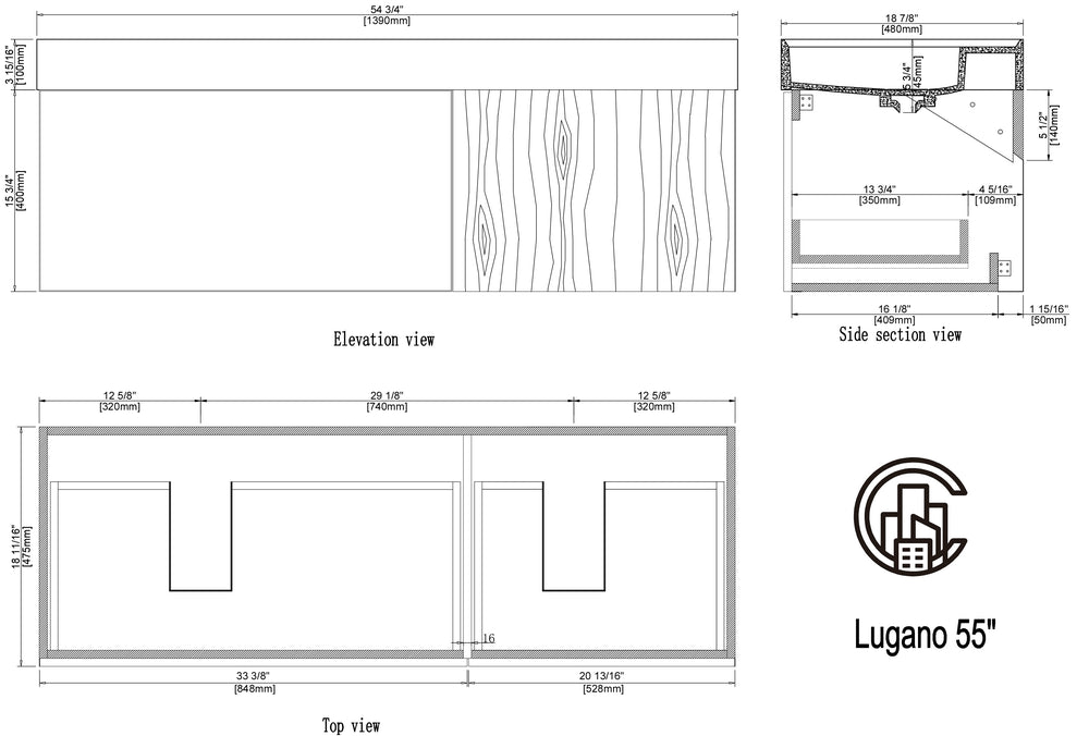 LUGANO 55” MATTE BLACK GLASS/MAPLE WALL MOUNT MODERN BATHROOM VANITY