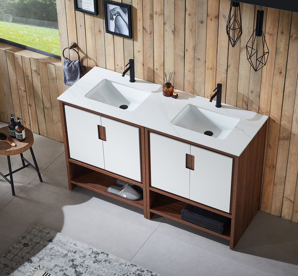 LYON 60” BEIGE/WALNUT MODERN FREESTANDING BATHROOM VANITY