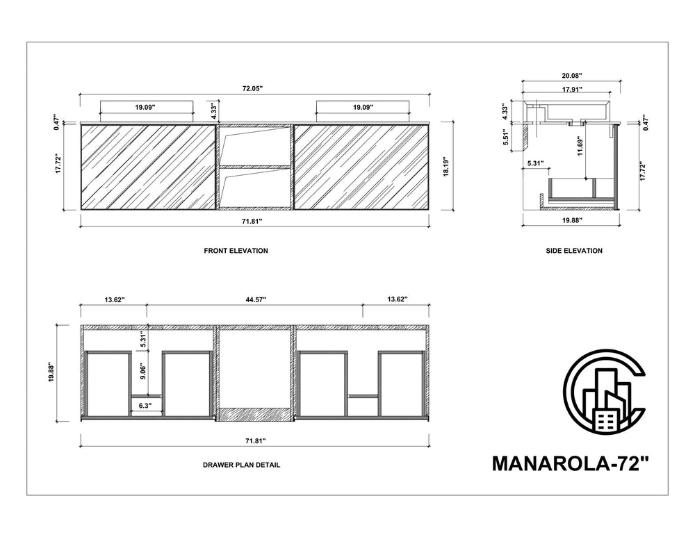 MANAROLA 72” LIGHT GRAY WALL MOUNT MODERN BATHROOM VANITY (OPEN SHELVES)
