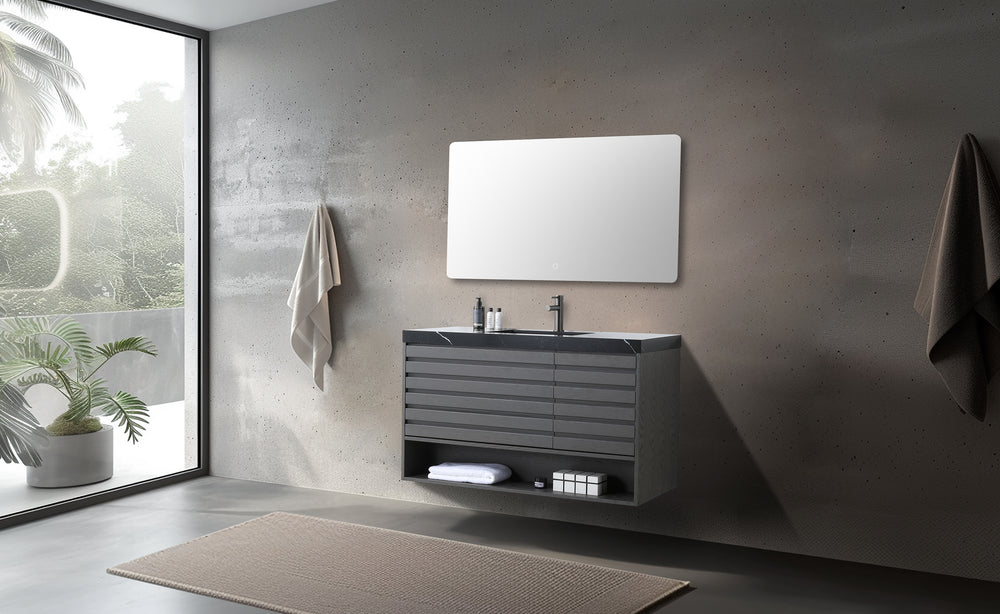 MATERA 48” CHARCOAL WALL MOUNT MODERN BATHROOM VANITY (BLACK COUNTERTOP)