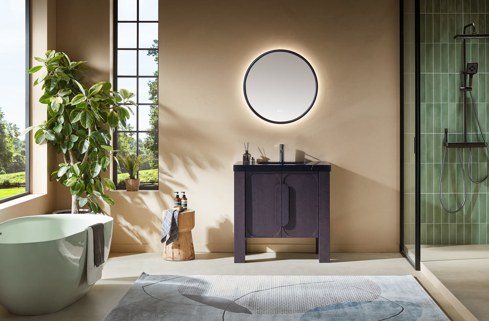 MUNICH 36” ESPRESSO OAK FREESTANDING MODERN BATHROOM VANITY (BLACK COUNTERTOP)
