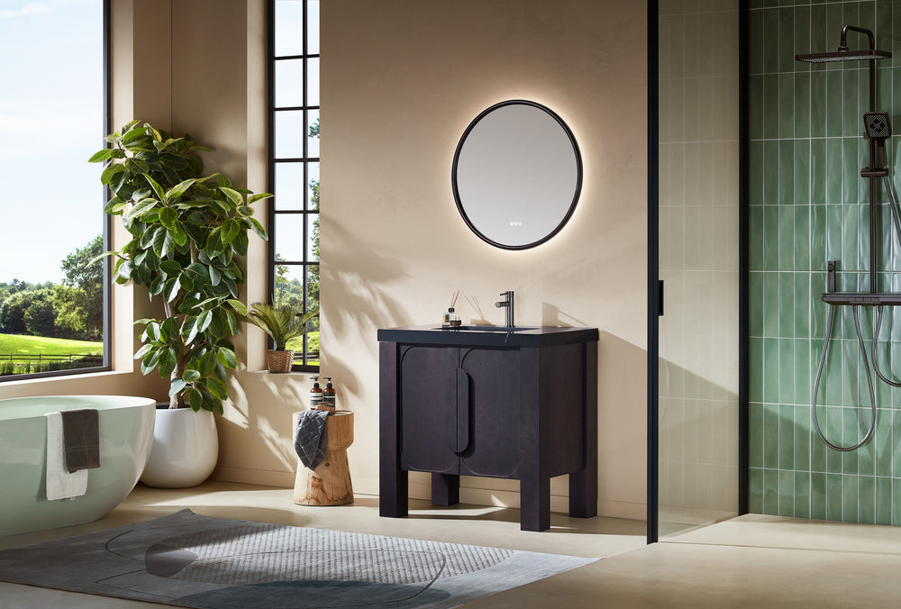 MUNICH 36” ESPRESSO OAK FREESTANDING MODERN BATHROOM VANITY (BLACK COUNTERTOP)