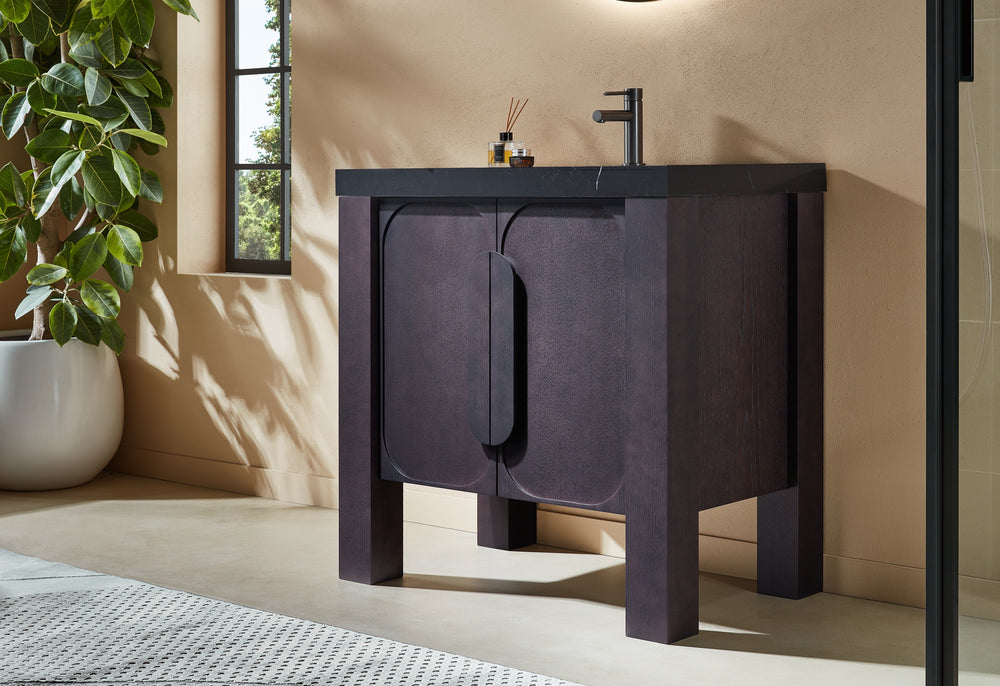 MUNICH 36” ESPRESSO OAK FREESTANDING MODERN BATHROOM VANITY (BLACK COUNTERTOP)