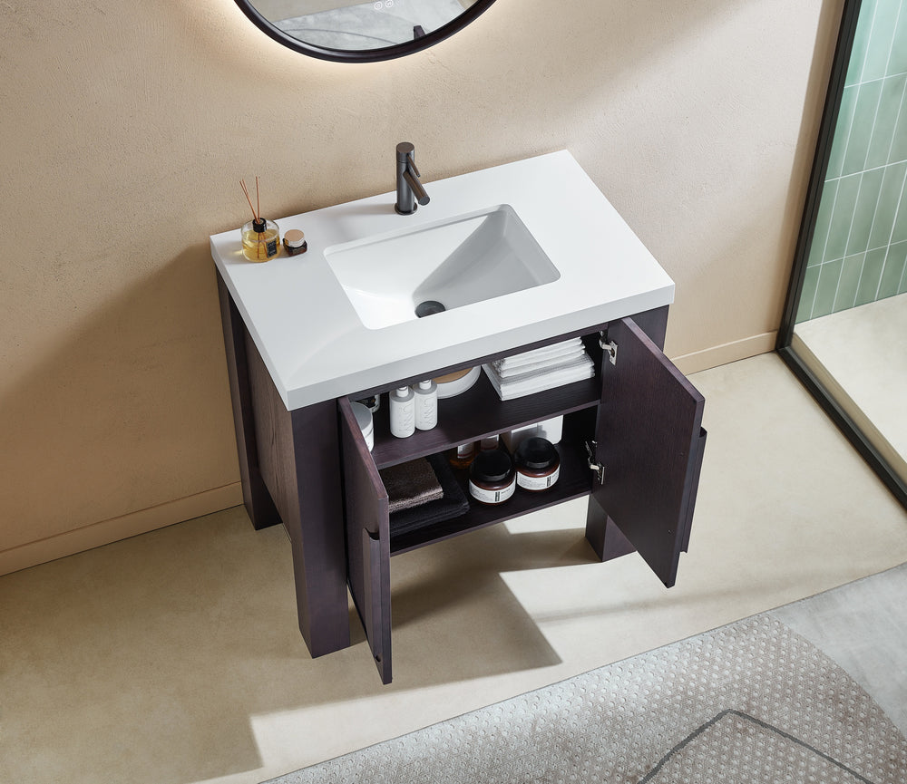 MUNICH 36” ESPRESSO OAK FREESTANDING MODERN BATHROOM VANITY (WHITE COUNTERTOP)