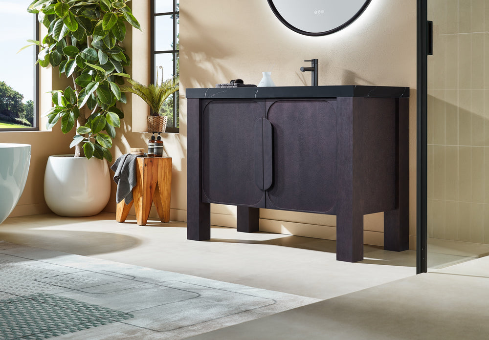 MUNICH 48” ESPRESSO OAK FREESTANDING MODERN BATHROOM VANITY (BLACK COUNTERTOP)