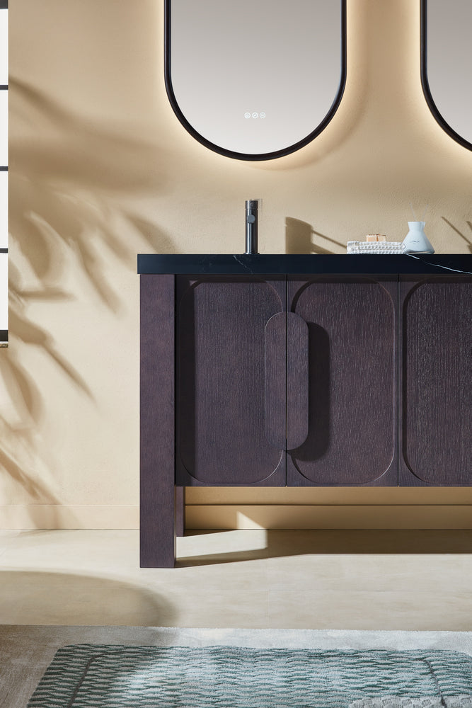 MUNICH 60” ESPRESSO OAK FREESTANDING MODERN BATHROOM VANITY (BLACK COUNTERTOP)