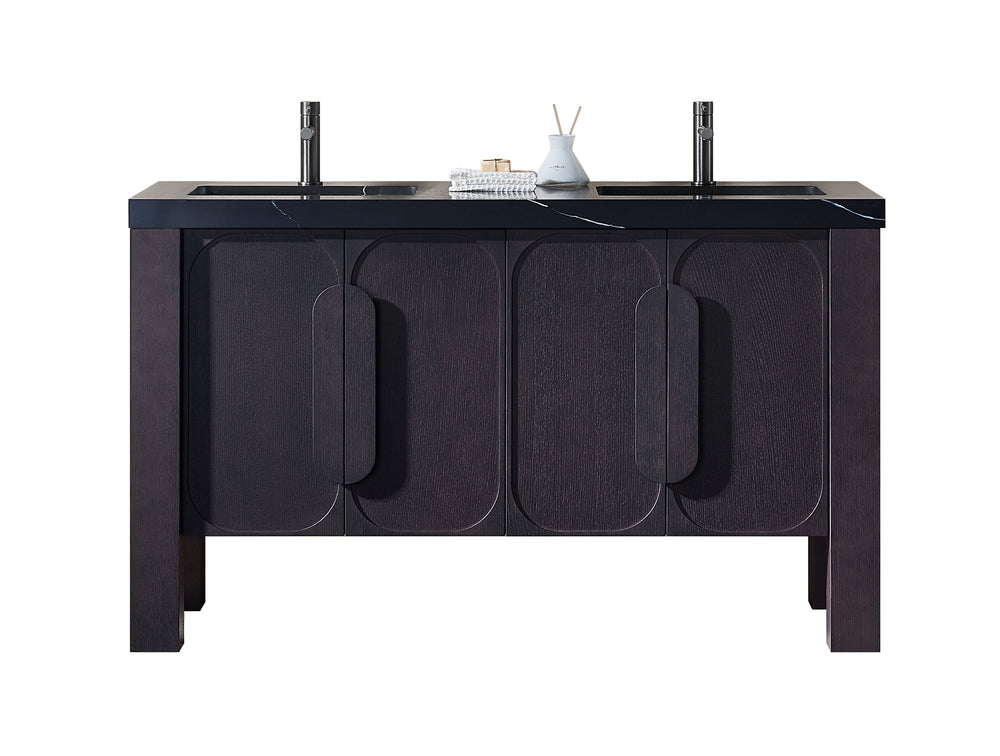 MUNICH 60” ESPRESSO OAK FREESTANDING MODERN BATHROOM VANITY (BLACK COUNTERTOP)