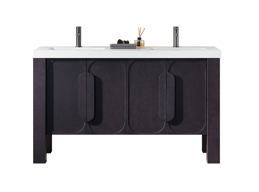 MUNICH 60” ESPRESSO OAK FREESTANDING MODERN BATHROOM VANITY (WHITE COUNTERTOP)