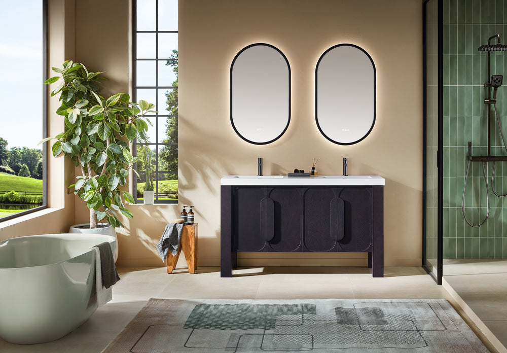 MUNICH 60” ESPRESSO OAK FREESTANDING MODERN BATHROOM VANITY (WHITE COUNTERTOP)