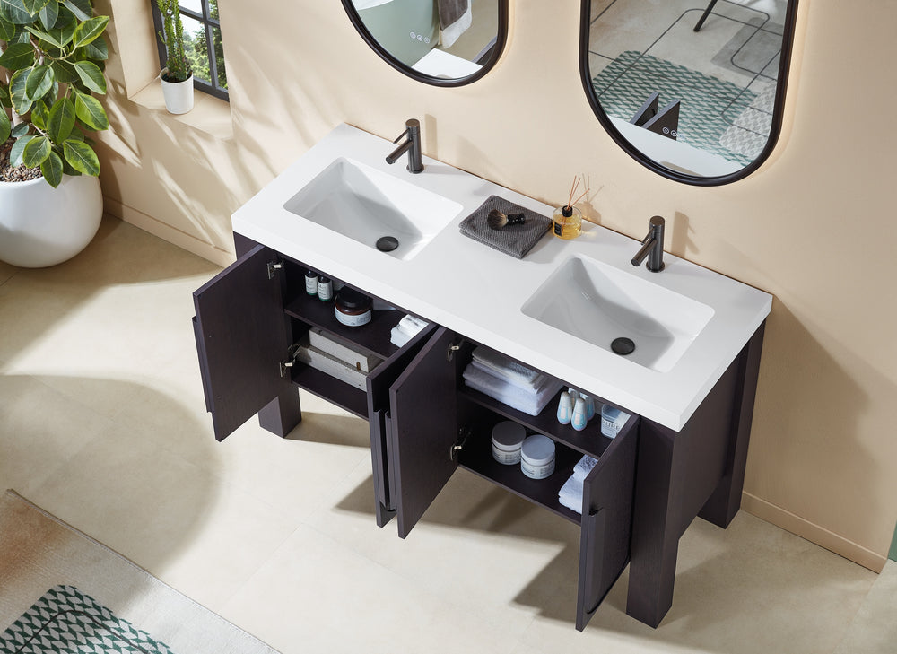 MUNICH 60” ESPRESSO OAK FREESTANDING MODERN BATHROOM VANITY (WHITE COUNTERTOP)