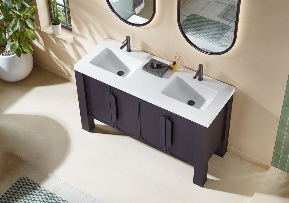 MUNICH 60” ESPRESSO OAK FREESTANDING MODERN BATHROOM VANITY (WHITE COUNTERTOP)