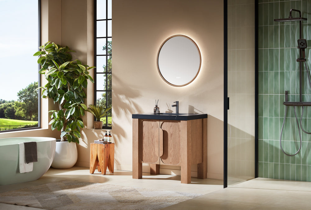 MUNICH 36” NATURAL TEAK FREESTANDING MODERN BATHROOM VANITY (BLACK COUNTERTOP)