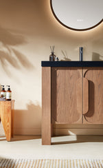 MUNICH 36” NATURAL TEAK FREESTANDING MODERN BATHROOM VANITY (BLACK COUNTERTOP)