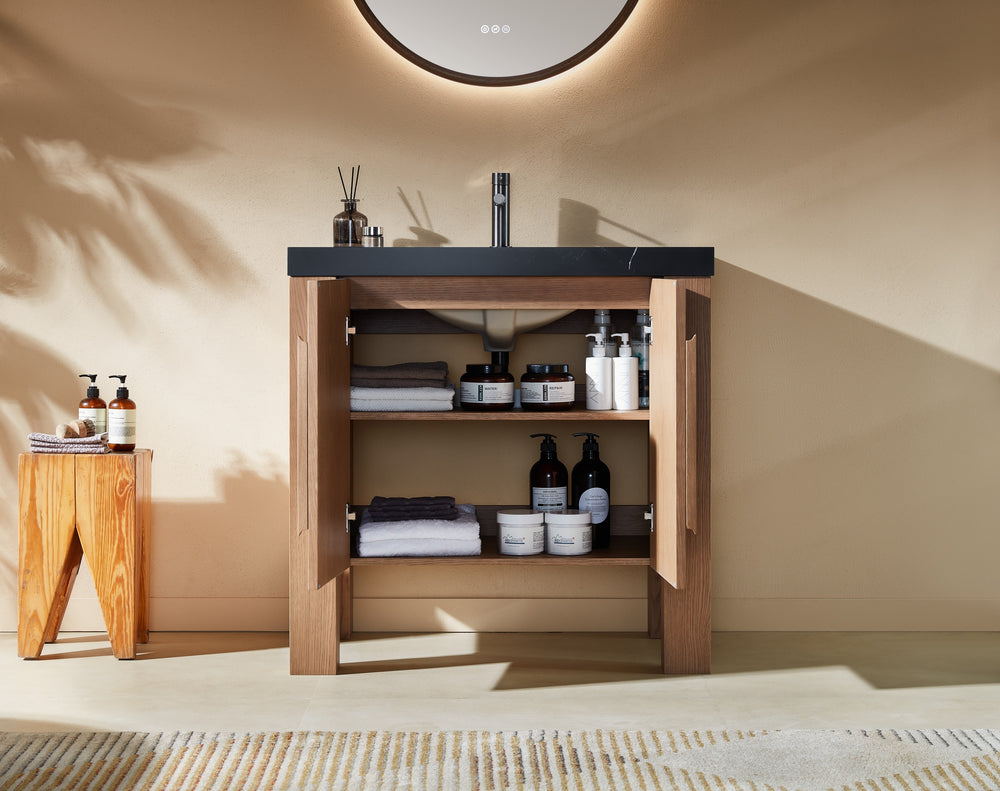 MUNICH 36” NATURAL TEAK FREESTANDING MODERN BATHROOM VANITY (BLACK COUNTERTOP)